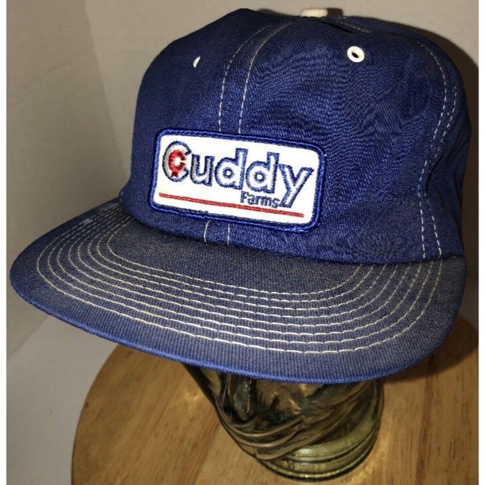 Vintage CUDDY FARMS 80s USA K-Brand Blue Hat Cap Snapback Poultry Turkey Farming